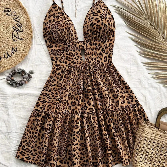 Multicolor Sexy Women's Leopard Print Layer Hem Cami Dress - Picture 1 of 5